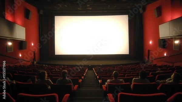Obraz People in the cinema auditorium with Cinema blank wide screen and red chairs in the cinema hall,People silhouettes watching movie performance,empty white screen,space for text.