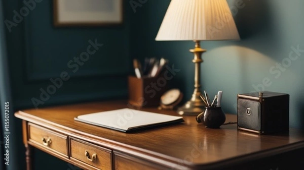 Fototapeta A cozy workspace featuring a desk with warm lighting and decor.