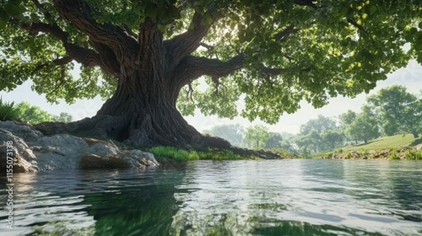 Fototapeta Majestic Oak Tree by Serene Water Reflection in a Lush Landscape