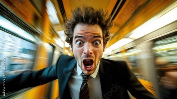 Obraz A man in a suit and tie makes a panicked gesture as he tries to catch a late train, with a blurred motion effect. The background shows the inside of the train carriage
