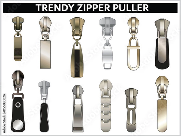 Fototapeta  TRENDY ZIPPER SLIDER AND PULLERS SET VECTOR ILLUSTRATION