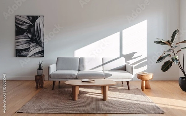Fototapeta Minimalist living room with sofa, coffee table, and plants.