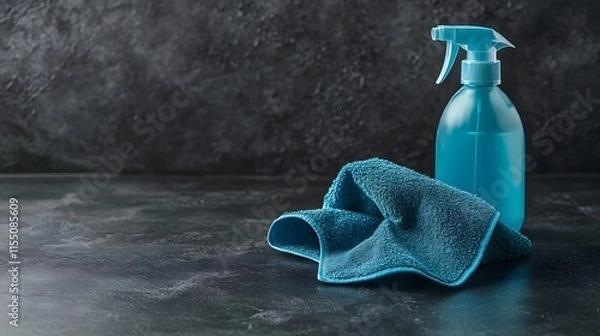 Obraz A vibrant blue spray bottle and cloth sit on a dark surface, symbolizing cleanliness and the act of disinfecting surfaces.
