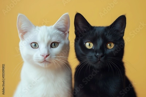 Fototapeta Cats with striking eyes sit side by side against a yellow background