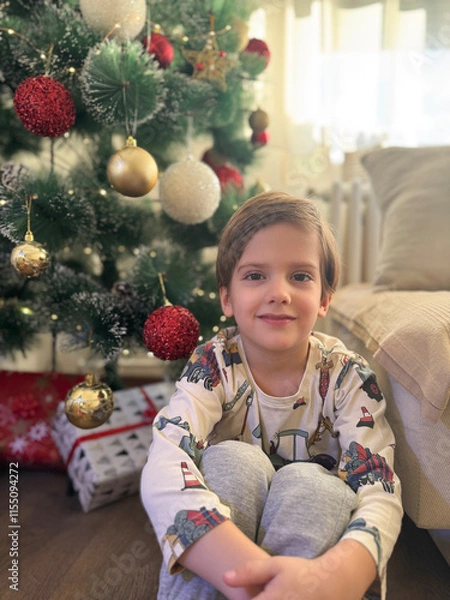 Obraz Little Boy's Christmas Wonder by the Tree