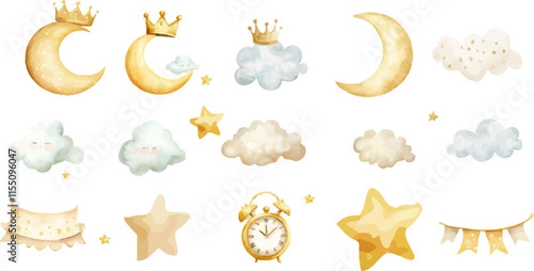 Fototapeta watercolor cute gold and beige ribbon Clock with hand pointing to the left Crescent moon, heart shape, clouds, crown on alarm clock Clip art isolated on white background.
