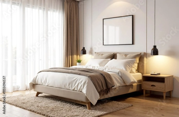 Fototapeta Modern Minimalist Bedroom with Neutral Tones and Cozy Linens. The space embodies a modern, minimalist aesthetic Category Buildings and Architecture	