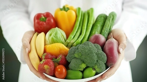 Fototapeta Nutritionist carefully examining a variety of fresh fruits and vegetables, emphasizing the importance of a balanced diet and healthy eating habits.