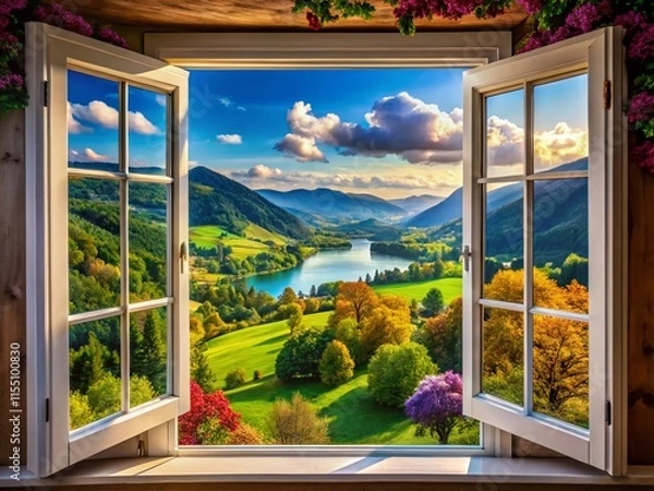 Fototapeta Scenic window view, empty space, artistic landscape photography.