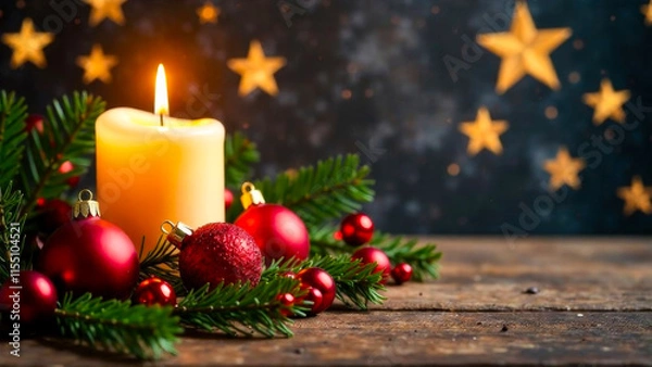 Fototapeta Christmas decorative background with burning wax candle, Christmas balls, fir leaves on wooden surface and star shaped snowflakes on blurred background, space for text