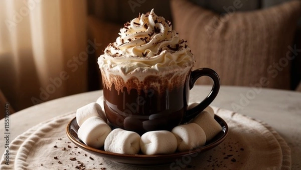 Fototapeta Hot chocolate with whipped cream and marshmallows in cozy setting