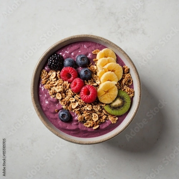 Obraz A bowl of acai smoothie topped with granola and fruit on a white background.