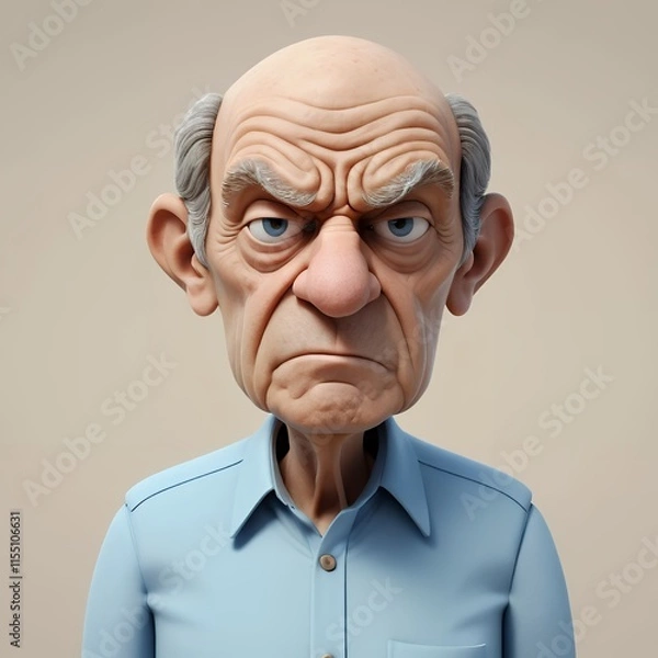 Obraz Grumpy 3D Cartoon Elderly Man Character with Expressive Face and Folded Expression