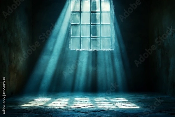 Fototapeta Light beams stream through a high window in a dark room