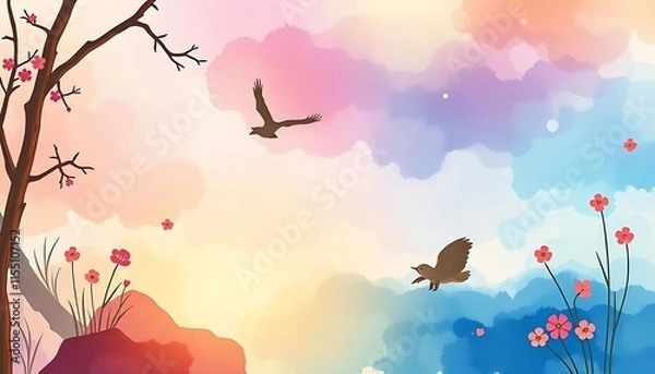 Fototapeta Serene Watercolor Landscape With Birds And Blossoms
