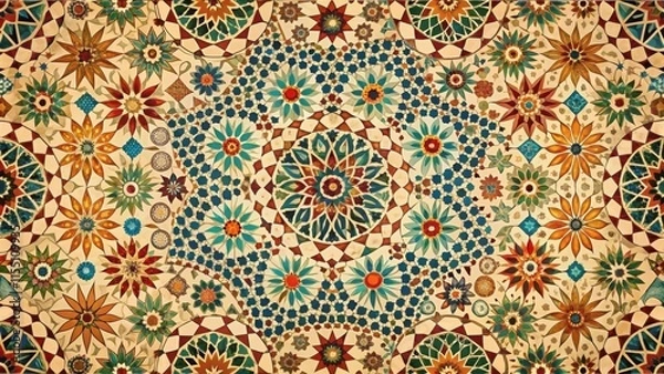 Fototapeta Classic Moroccan tile design with intricate geometric patterns and floral motifs on a warm beige background, bohemian style, vintage vibe