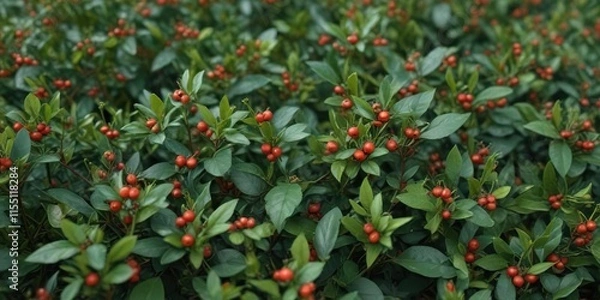 Fototapeta Wide-angle view of a green bush with many small wolfberries scattered on its leaves and stems, canopy, green bush