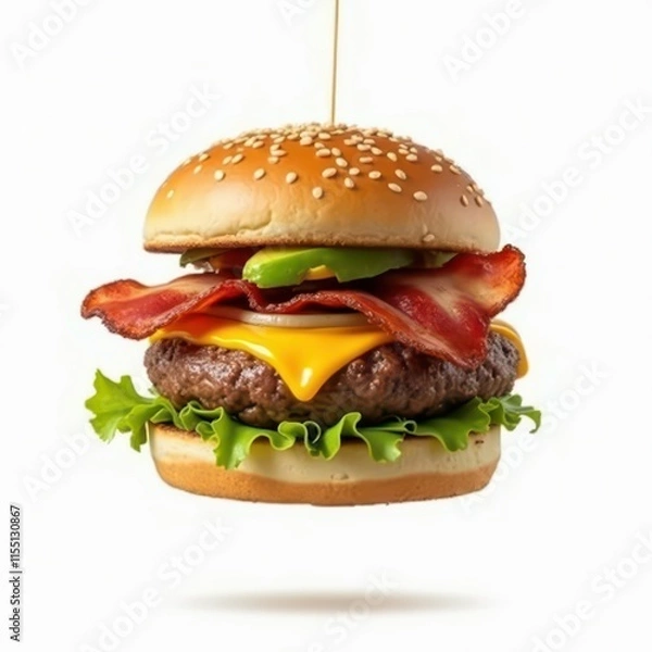 Fototapeta A delicious hamburger with bacon, cheese, lettuce, and sesame seed bun, suspended in mid-air.