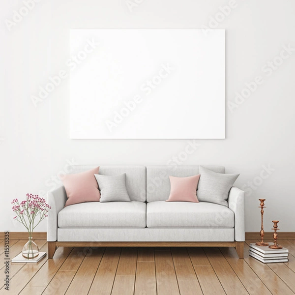 Fototapeta Horizontal interior poster mock-up with fabric sofa and pillows on  white wall background. 3D rendering.