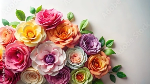 Fototapeta A lush arrangement of colorful paper roses against a soft white background with subtle texture and gentle folds, floral arrangement, still life