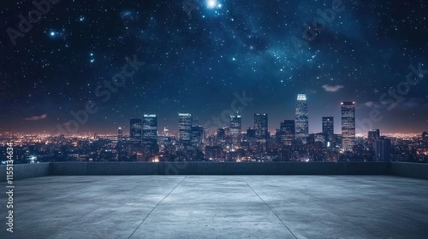 Obraz Empty square floor with city skyline in the background of night sky, meteors falling, illuminating buildings in the distance