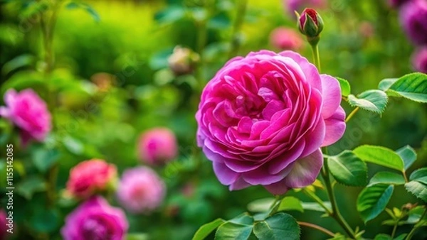 Fototapeta A single damask rose flower with its petals slightly curved and facing downwards in a lush green garden surrounded by other flowers, bloom, nature