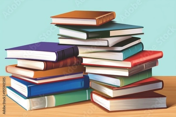 Fototapeta A vibrant stack of colorful books showcasing a variety of sizes and formats, resting on a wooden surface.