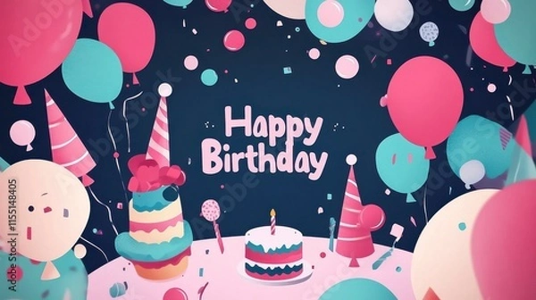 Fototapeta Vector birthday template, with the word "Happy Birthday" , party hat, balloons, cake, whistles, abstract backdrop