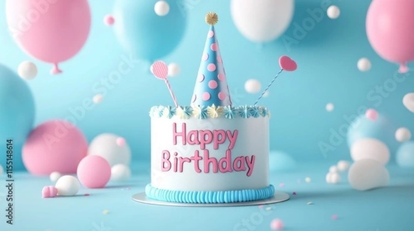 Fototapeta Abstract with the word "Happy Birthday" template, festive hat, colorful balloons, cake and whistle details 