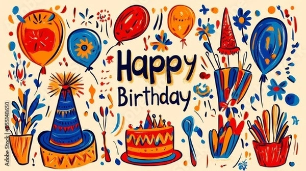 Fototapeta Birthday greeting card design with the word "Happy Birthday", vibrant balloons, party hat, cake, whistles, abstract vector art