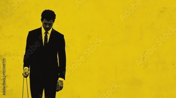 Fototapeta Businessman in a suit, pulling a string, retro poster style, yellow background, minimalist design