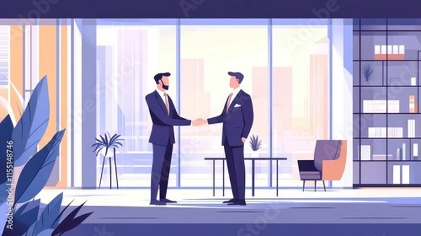Fototapeta Successful Business Deal. Two businessmen concluding a meeting with a handshake in a bright office with a panoramic window view