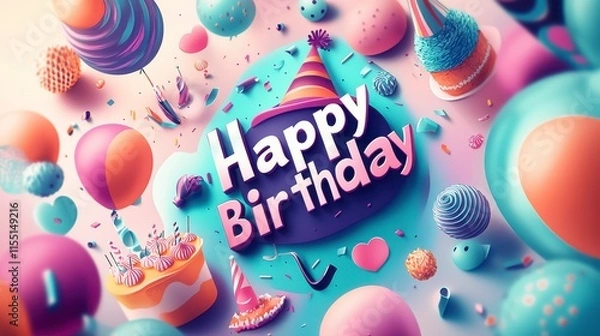 Fototapeta Party-themed vector template, with the word "Happy Birthday" , hat, balloons, cake, whistle, bright abstract background