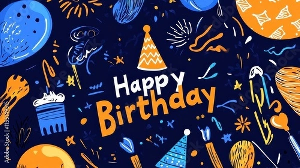 Fototapeta Happy Birthday Vector Template. Colorful vector birthday template featuring "Happy Birthday," a party hat, balloons, cake, whistles, and an abstract background.