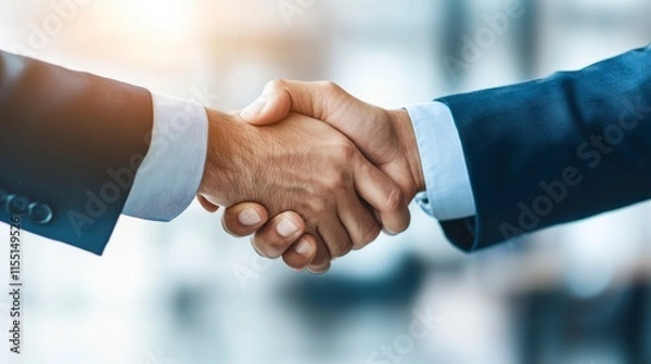 Fototapeta Business Deal. Two businessmen warmly shaking hands in a sleek, modern office with natural light. Professional setting