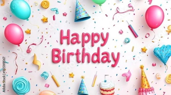 Fototapeta Birthday Party Vector. Vector birthday template with "Happy Birthday," party hat, balloons, cake, whistles, and an abstract background