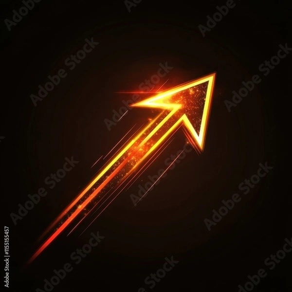 Fototapeta Dynamic glowing orange arrow moving upward on a dark background, symbolizing progress and success.