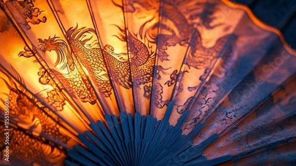 Fototapeta Close-up of an ornate Chinese hand fan, depicting dragons and clouds in warm orange and dark tones.