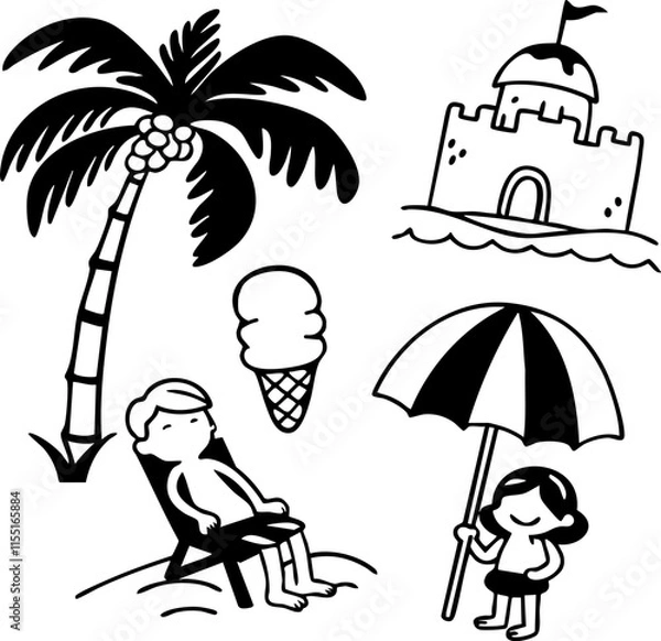 Obraz Playful Summer Doodles Set: Beach and Tropical Elements, Coconut doodles set.