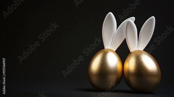 Fototapeta Two gold egg with white rabbit ears, Easter concept on a black background	
