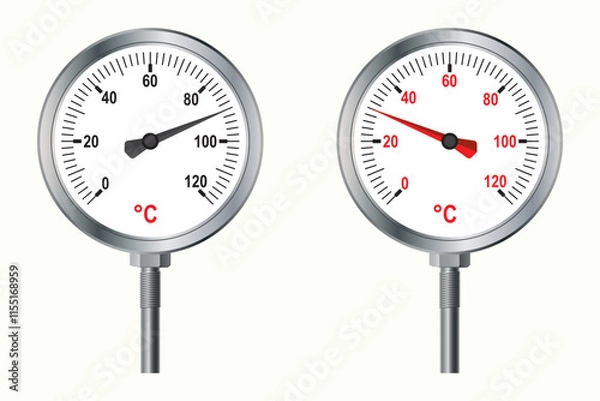 Obraz Physics, Temperature, degrees Celsius. Celsius, Fahrenheit thermometers. Round thermometer on white background. Circular metal thermometer. 