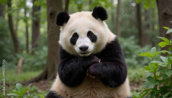 Fototapeta Panda doing a stretching yoga pose, with a calm and focused expression, in a tranquil forest setting