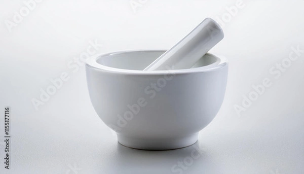 Fototapeta White ceramic mortar and pestle isolated on white backdrop. Minimalist design.