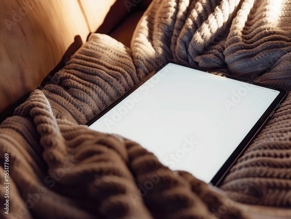 Fototapeta Cozy iPad Mockup on Sofa - Relaxed and Minimalist Design Setting