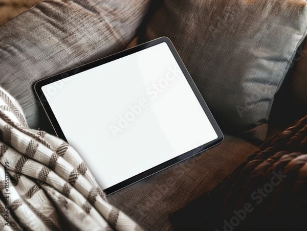 Fototapeta Cozy iPad Mockup on Sofa - Relaxed and Minimalist Design Setting
