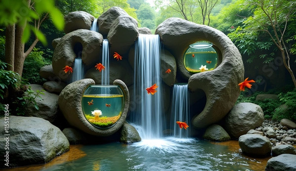 Fototapeta two-meter-high ornamental waterfall made with natural stones and with betta fish aquariums embedded in the stones
