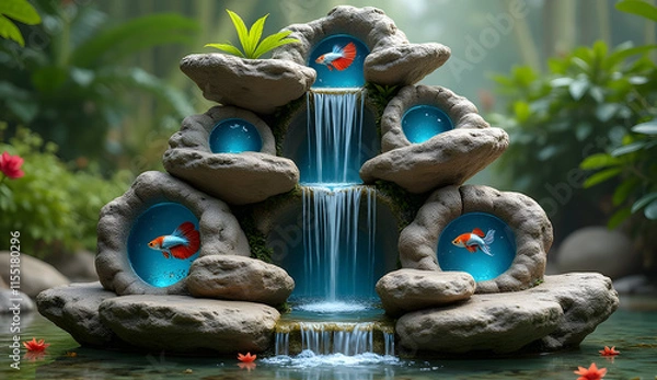 Fototapeta two-meter-high ornamental waterfall made with natural stones and with betta fish aquariums embedded in the stones