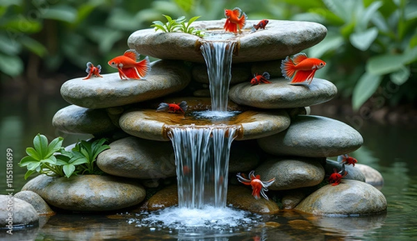 Fototapeta two-meter-high ornamental waterfall made with natural stones and with betta fish aquariums embedded in the stones