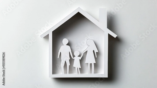 Obraz A simple white house shape with paper cut figures of parents and children inside, placed on a blank background to convey the concept of a happy family life