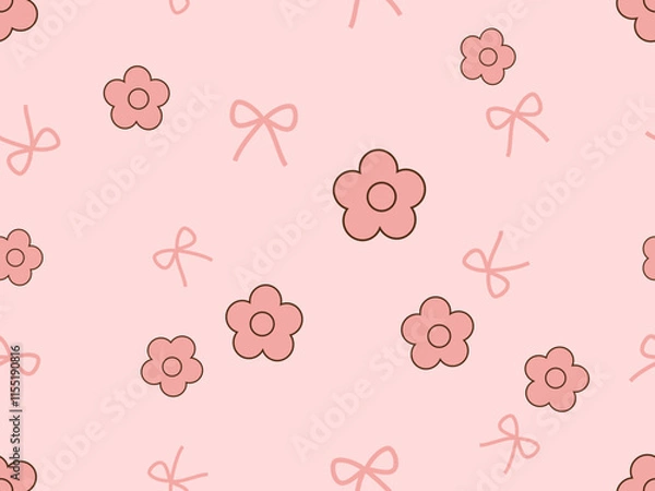Fototapeta Seamless pattern with cute flower and ribbon bows on pink background vector.